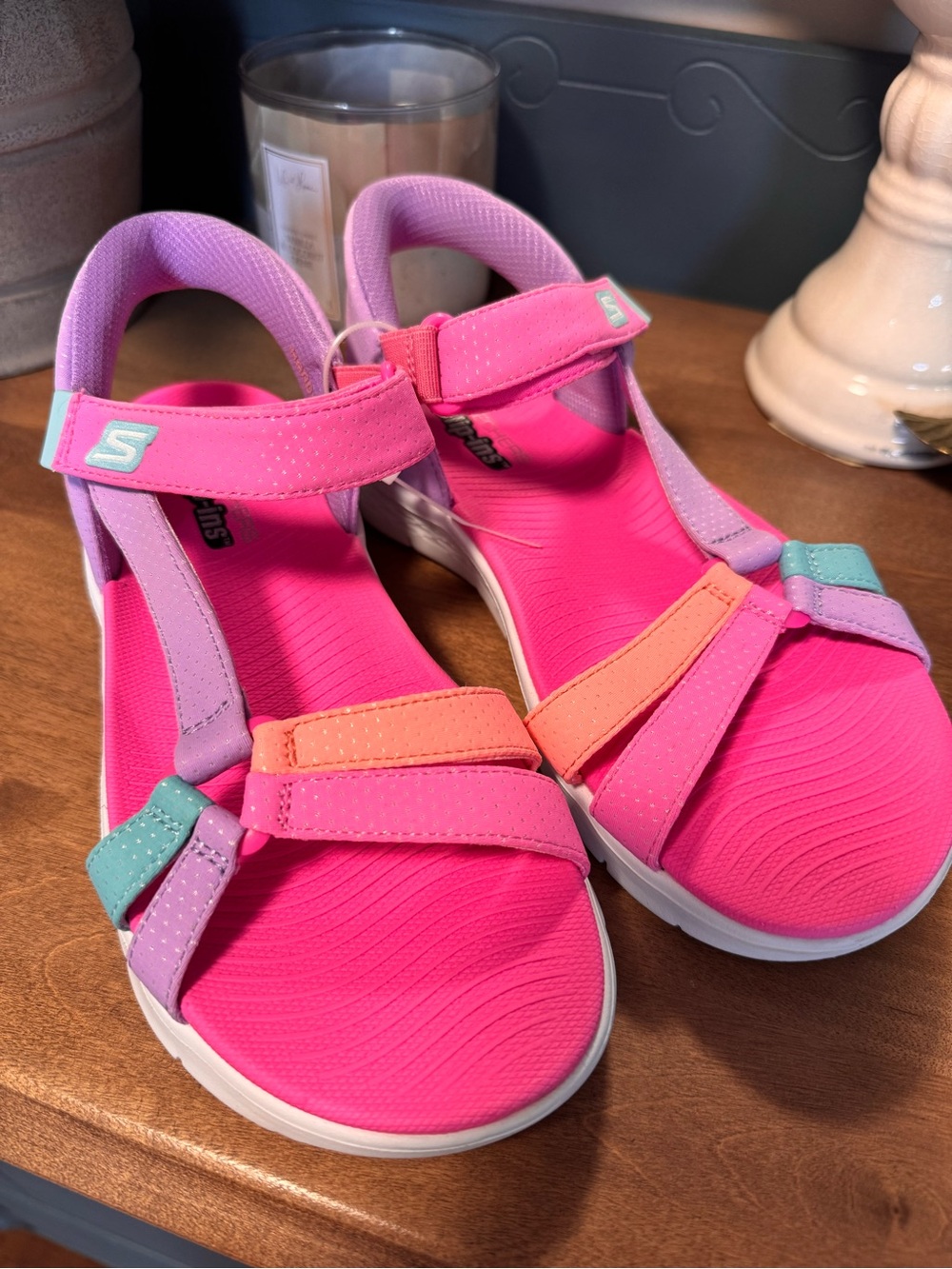 💖New Skechers Kids Hot Pink Lavender Multi-Color Slip- On Sport Sandals Sz 4